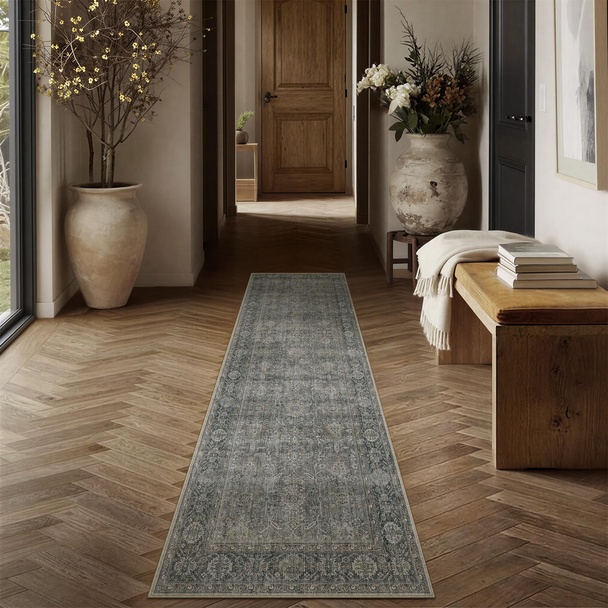 PureCozy Grey Brown Runner Rug 2x8 Vintage Carpet Hallway Long Indoor Kitchen Washable Living Room Low Pile Traditional Distressed Retro Accent Throw Rug Non Slip Laundry Bathroom Office Dining Room