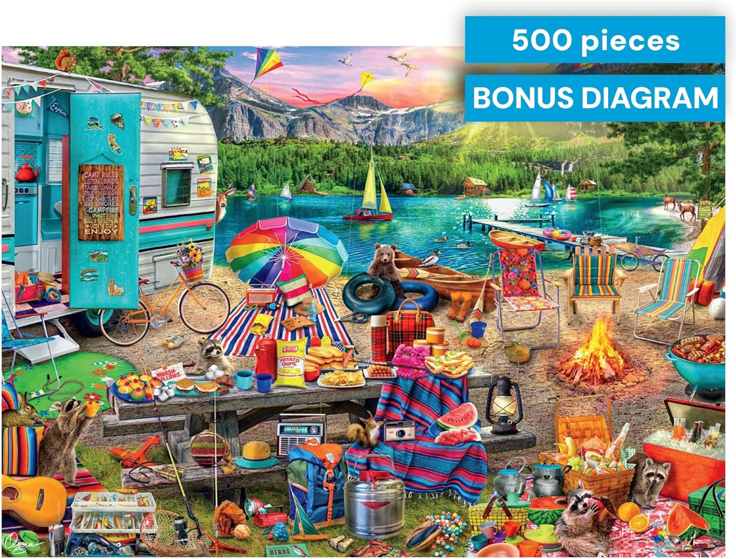 Buffalo Games - Aimee Stewart - Family Campsite - Look Closer - 500 Piece Jigsaw Puzzle for Adults with 10 Hidden Images - Challenging Puzzle for Game Nights - Finished Size 21.25 x 15.00