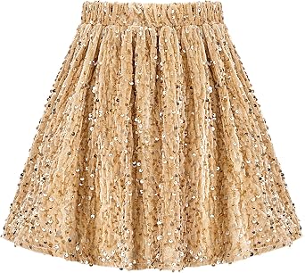 Weixinbuy Sequin Skirt for Girls Kids Sparkly Fashion Shiny Pleated Skirts Elastic Waist A-Line Velvet Glitter Party Outfits