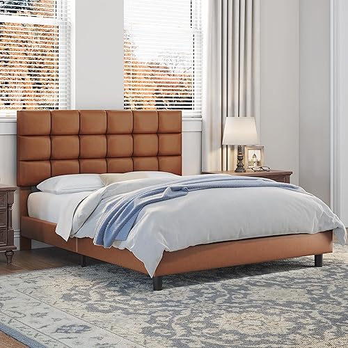 Miniatura 3 de Topeakmart Base de colchón de plataforma tapizada de tamaño matrimonial con cabecera y soporte de listones de madera fuerte no necesita somier fácil