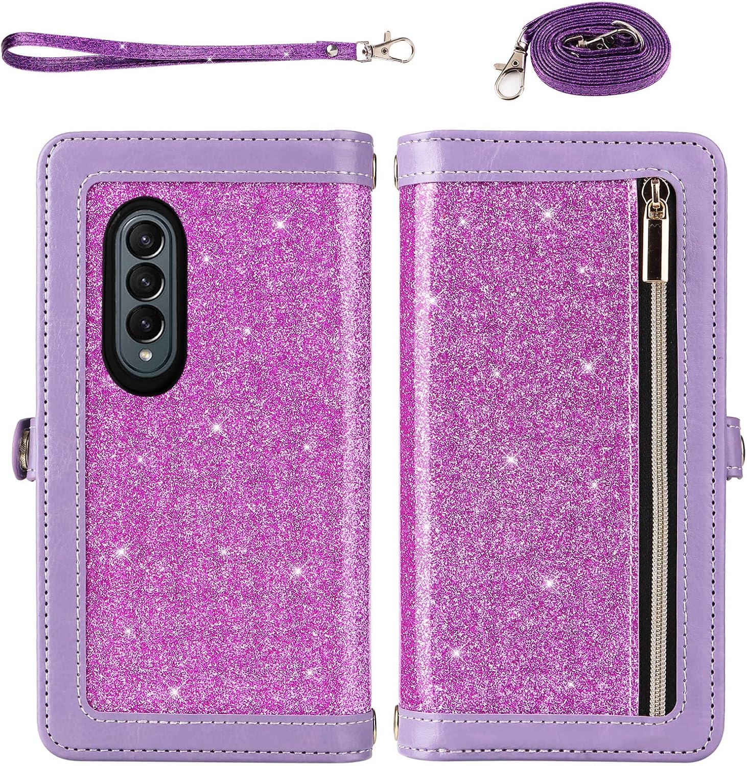 Asuwish Phone Case for Samsung Galaxy Z Fold 4 5G 2022 Zipper Wallet Detachable Cell Cover with Crossbody Strap Bling Glitter Flip Card Holder Slot ZFold4 Z4 Fold4 4Z ZFold45G Women Men Girls Purple