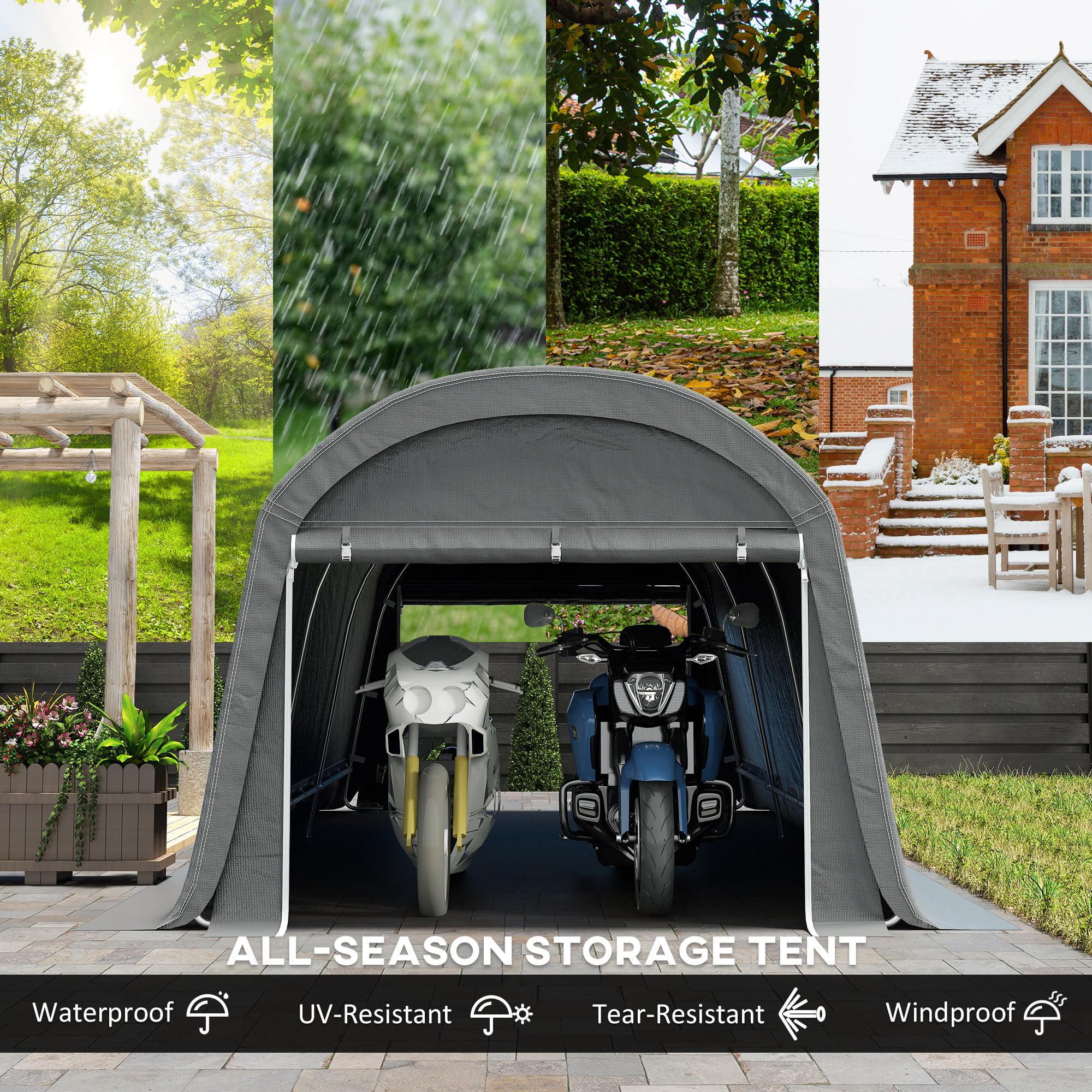 Outsunny 10' x 20' Portable Shed, Waterproof Motorcycle Bike Tent with Roll-up Zipper Door, Galvanised Steel Frame, Outdoor Storage Shed for Garden Tools, Dark Grey — view 3