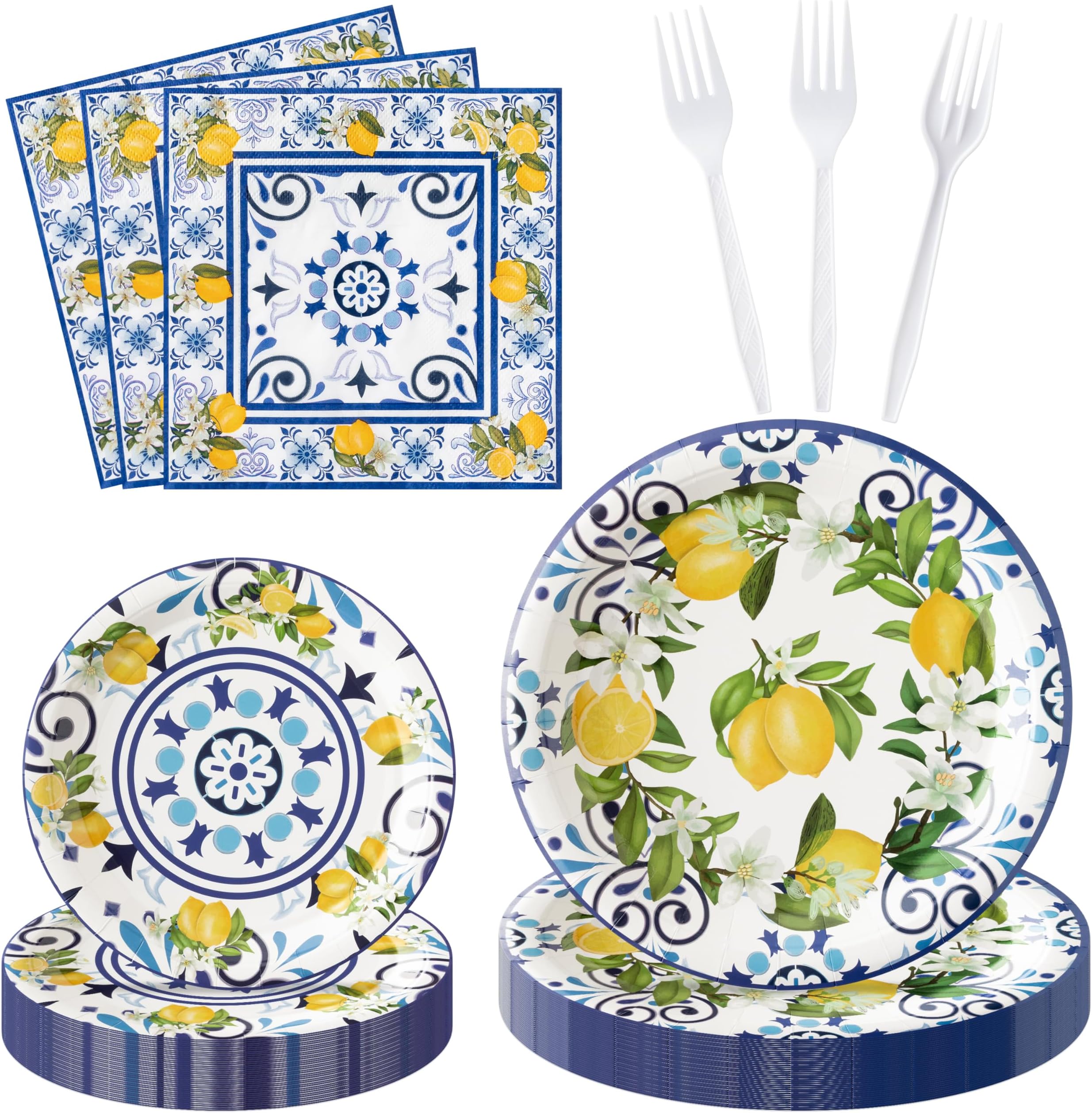 96Pcs Capri Lemon Blue Tiles Yellow Lemon Summer Citrus Fruit Party Plates Supplies Tableware Decorations Disposable Paper Plates Napkins Forks for Kids Birthday Baby Shower, Serves 24