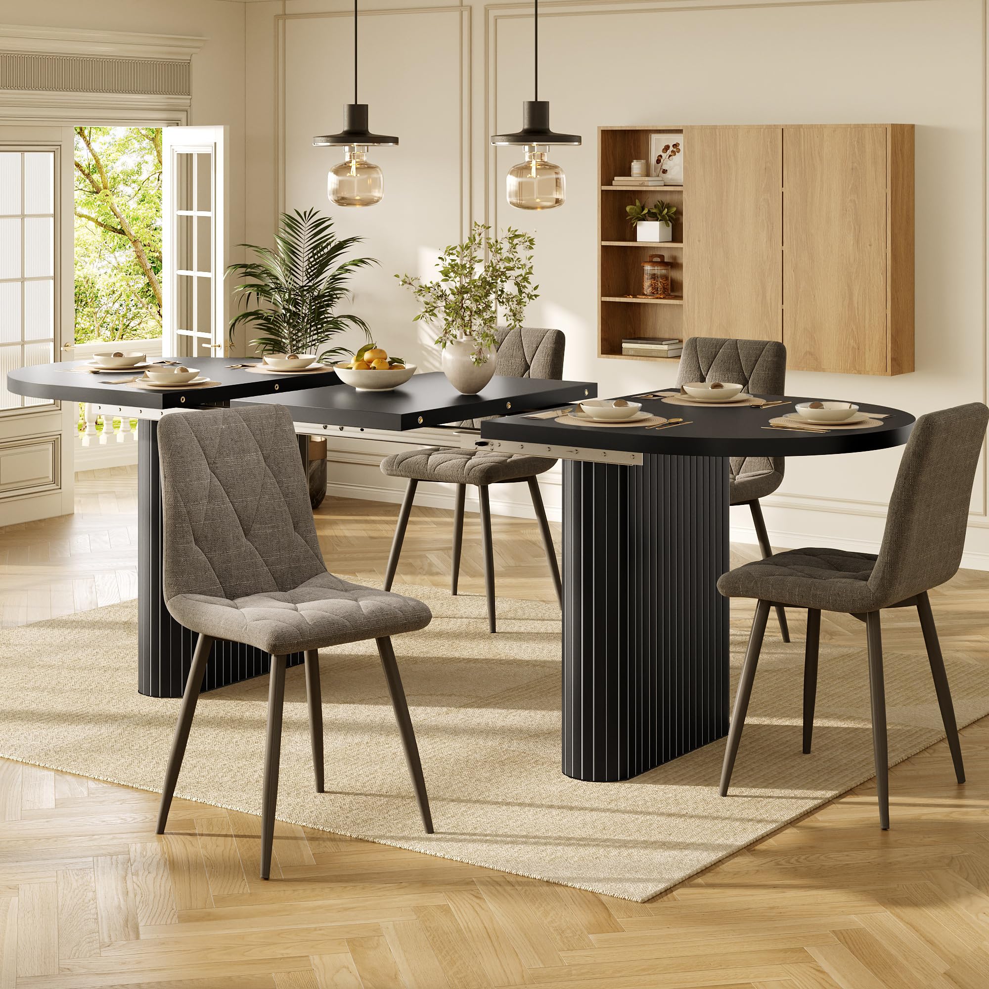 Esstisch Ausziehbarer Oval 120-160cm mit 4 Stühlen Stoffbezug Set