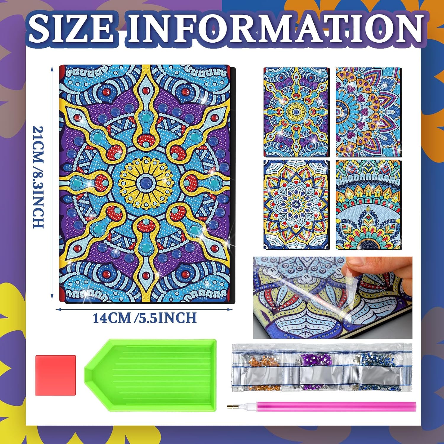 Frienda 4 Pcs Diamond DIY Notebook 5.5 x 8.3 Inch Mandala Diamond Art Notebook 100 Pages A5 Diamond Notebook 5d Journal with Tools for Craft Sketchbook Adult Drawing Gift