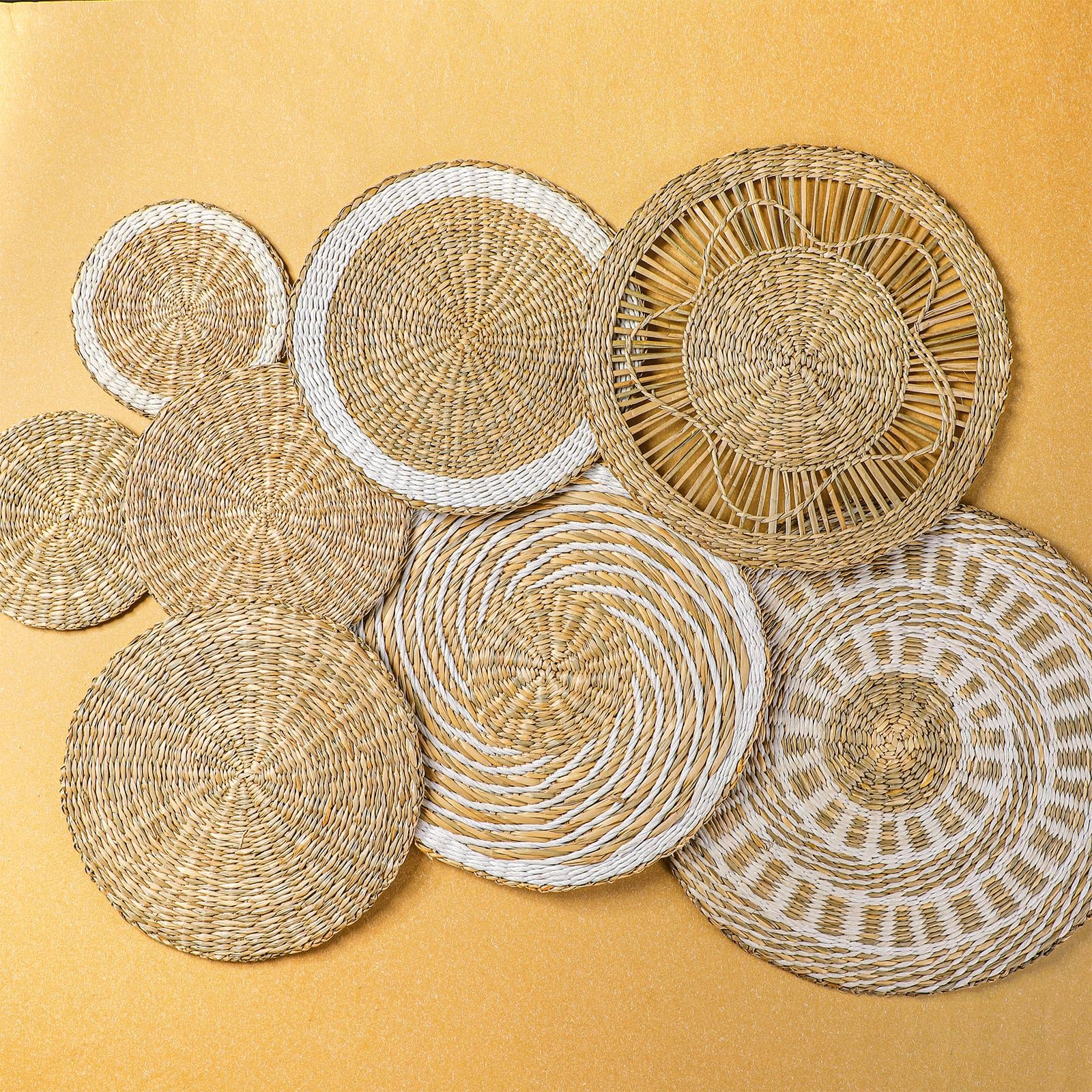 Xuhal Juego de 8 cestas de pared tejidas para colgar, hechas a mano, rústicas, bohemias, hechas a mano, cesta redonda de mimbre para el hogar, cocina, granja, mesa, sala de estar