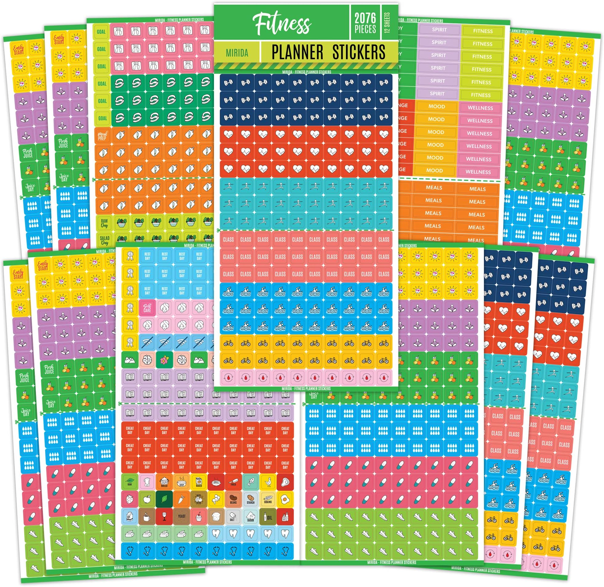 Mirida Planner Stickers - Fitness Pack of 2076 Mini Icons for Workout, Healthy Diet, Gym Exercise, and Habits - for Calendar and Journal