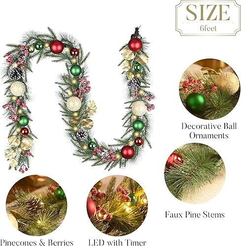 Miniatura 6 de Valery Madelyn Guirnalda de Navidad preiluminada de 9 pies con luz para manto, guirnalda de Navidad iluminada al aire libre con bola de oro rojo,