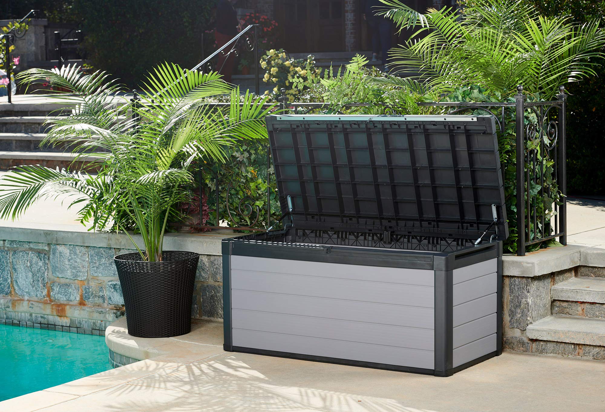 Ondis24 Keter Kissenbox Gartenbox XXL wasserdicht (570 Liter), Outdoor Auflagenbox, Premier Box, Sitztruhe, Kissentruhe Garten, Sitzbank