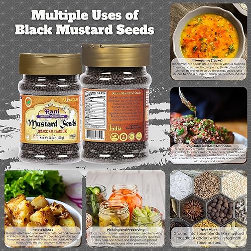 Miniatura 4 de Rani Black Mustard Seeds Whole Spice Kali Rai - Tarro PET de 35 onzas 353oz  Todo natural  Apto para gluten  Sin OMG  Vegano  Origen indio