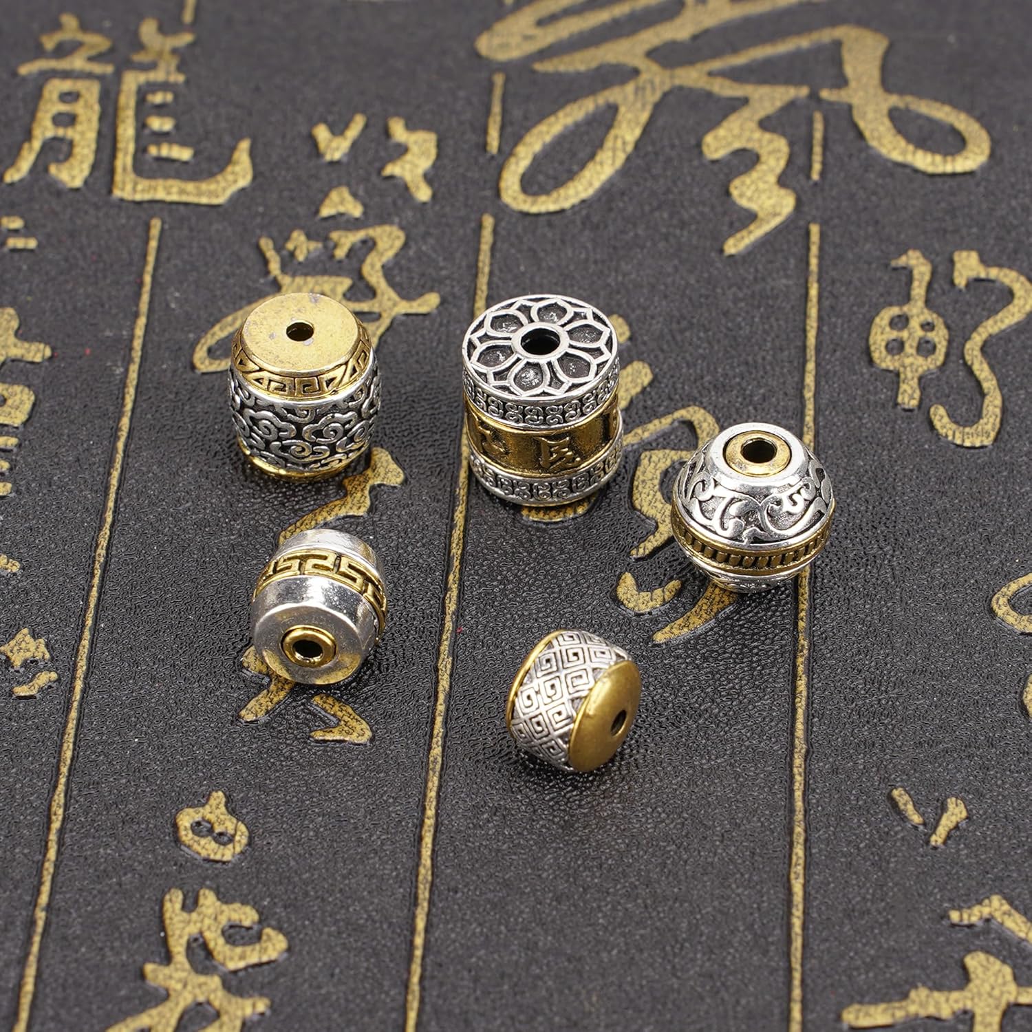 5PCS Antique Silver & Gold Round Tibetan Om Mani Padme Hum Beads – Cloud Pattern Spacer Beads for DIY Bracelet & Necklace Jewelry Making, Auspicious Clouds, Great Wall Patterns - Image 5