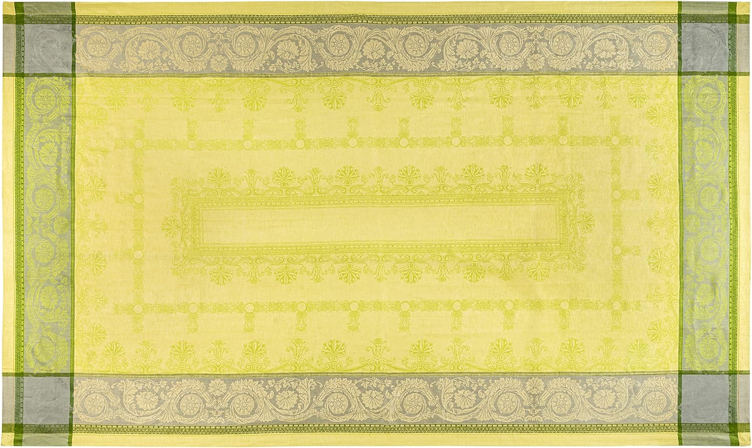 French Home Cleopatra Linen Tablecloth 71" x 100" – Woven Linen Rectangle Tablecloth for Any Occasion – Elegant Chartreuse, Green, and Grey Jacquard Design – Premium Kitchen & Dining Décor