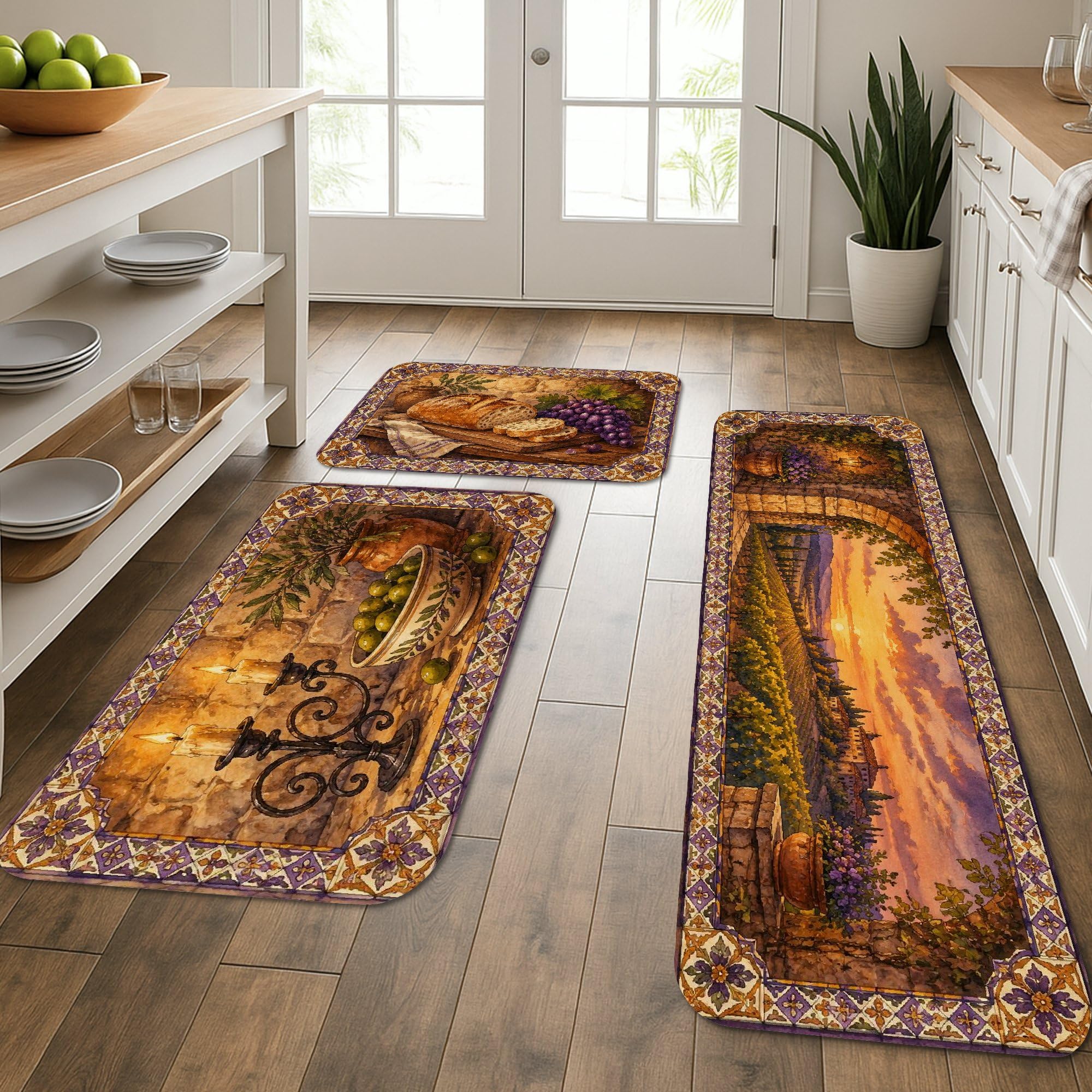 Lot de 3 tapis de cuisine vintage rustique motifs raisins olives lavables