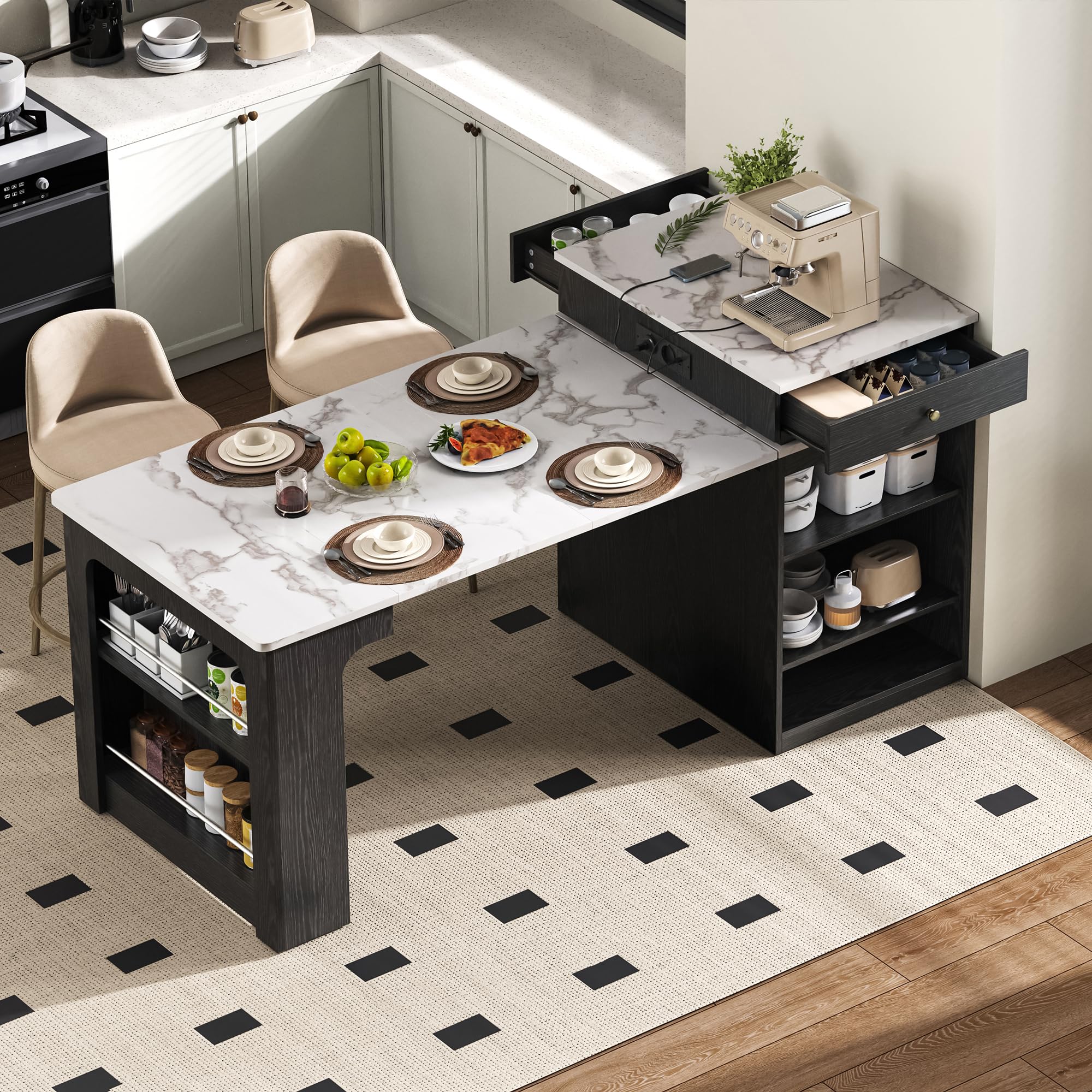 Isola della cucina con ruote, tavolo da pranzo allungabile con tavolo rimovibile, tavolo da bar con ciabattine, funge da isola da cucina, credenza o tavolo da bar per cucina e sala da pranzo