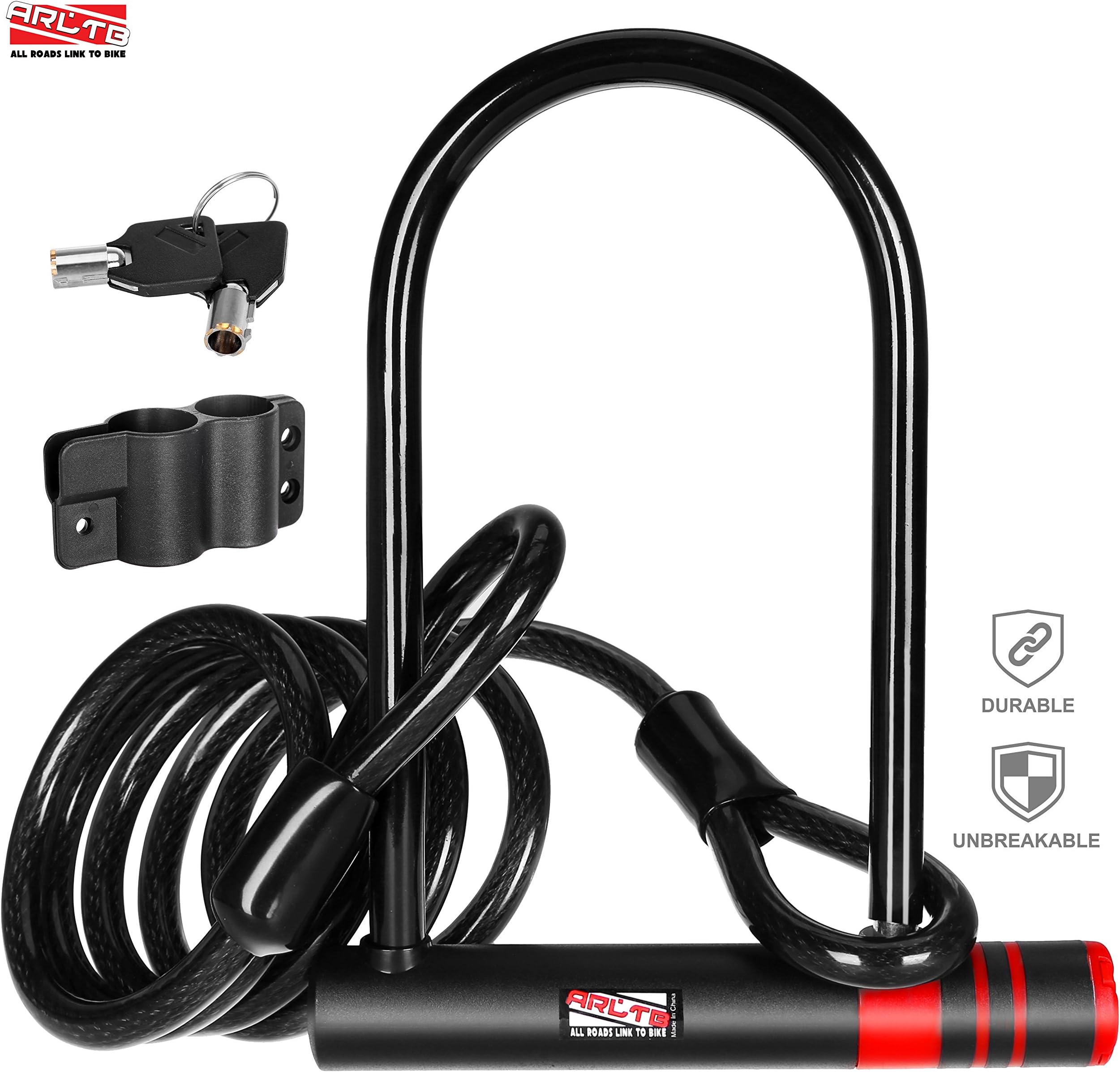 Arltb 16mm Steel U-Lock Bike Lock & Cable Combo - Heavy Duty Bicycle Lock with U Lock Shackle (7.5 x 9.5-inch) + 1800mm Braided Steel Cable + 2 Unique Pre-Cut Keys Security Bike Lock Bike Accessories