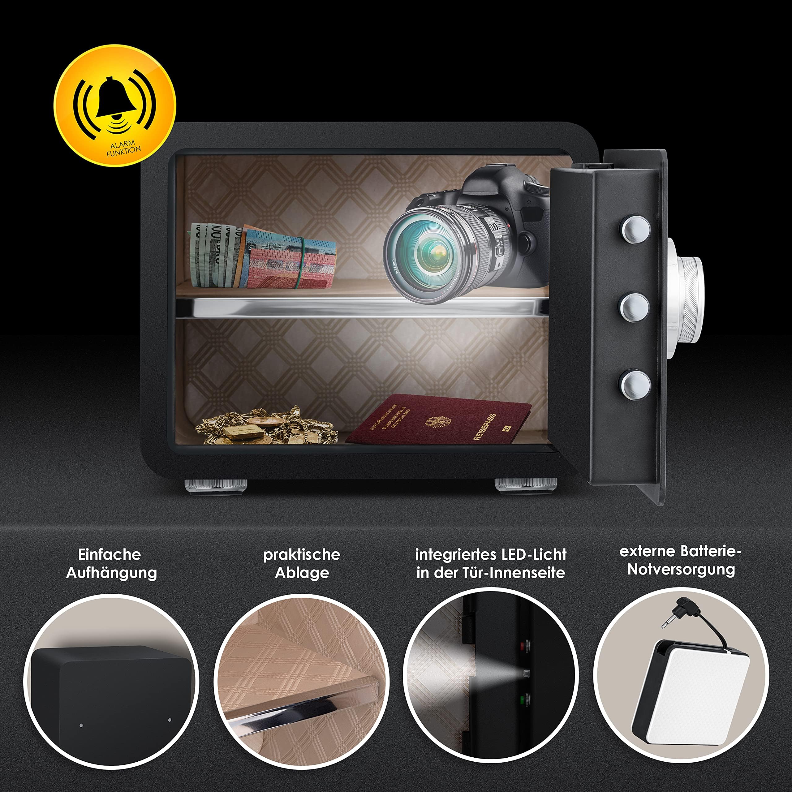 KESSER® Coffre-fort électrique avec empreinte digitale | 38x30x30cm | Boîte à piles incluse | Coffre-fort électronique 3x double verrouillage à boulons - Noir - L