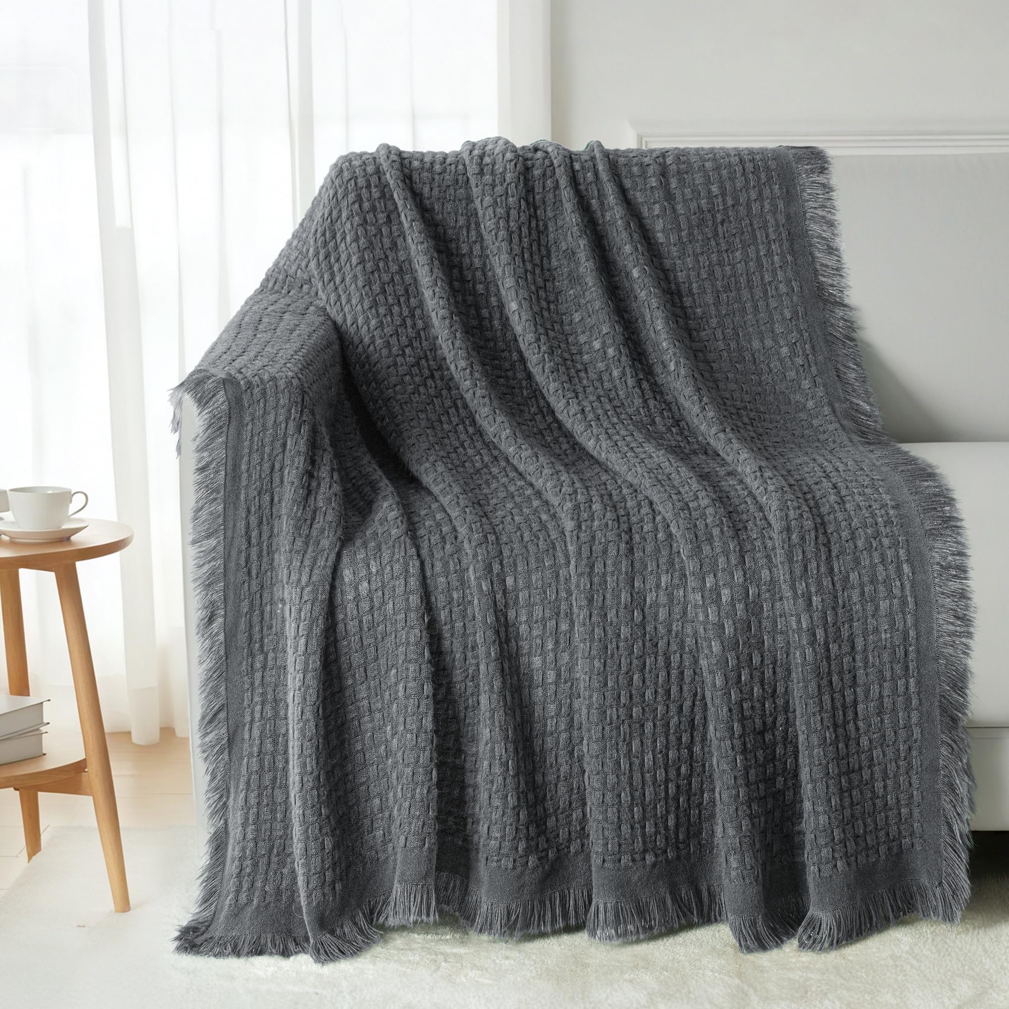 Exclusivo Mezcla Kuscheldecke Strickdecke mit Fransen, Weiche und Warme Decke mit strukturierter Optik für alle Jahreszeiten, Leichte Atmungsaktive Raumdekoration