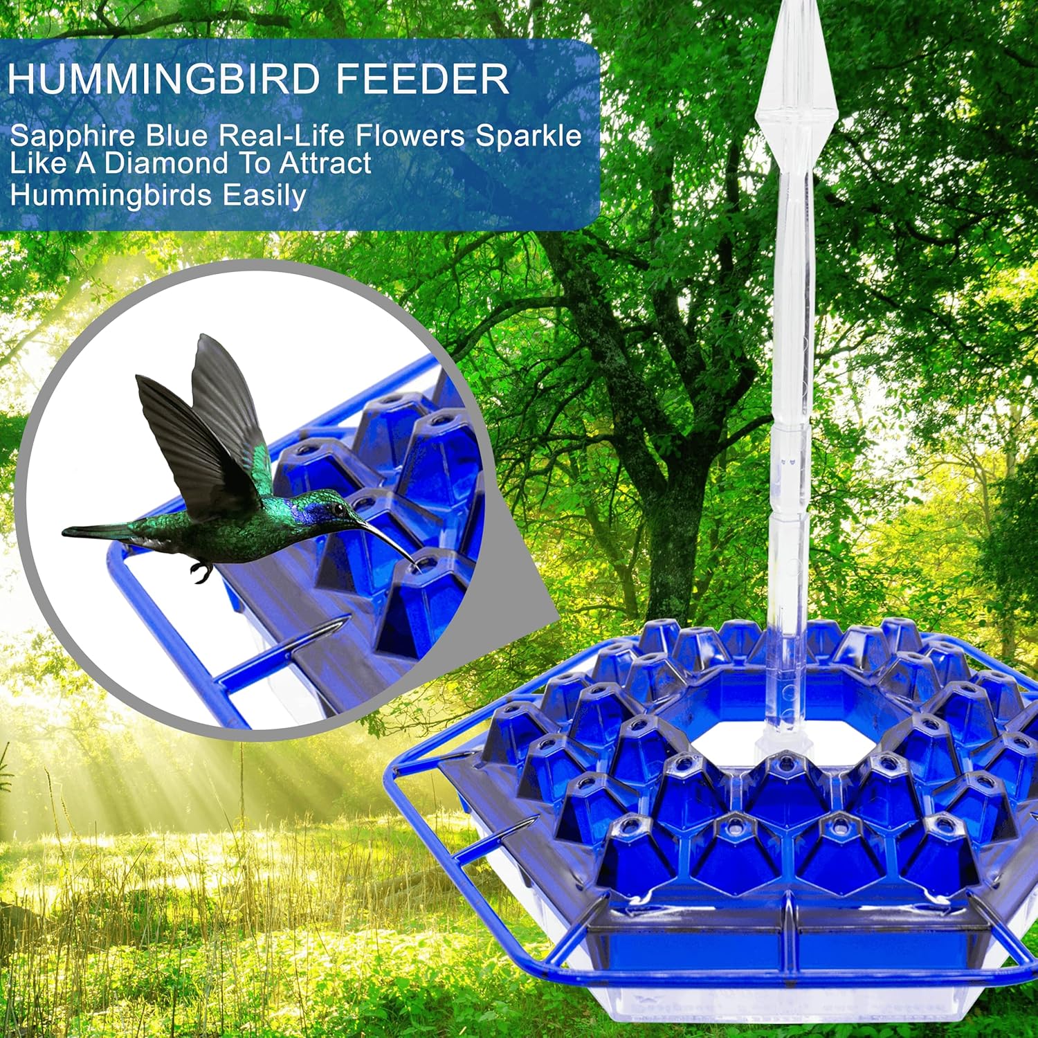 Lil Sweety Hummingbird Feeders | Outdoor Hanging Leak-Proof Feeder w/ 30 Feeding Ports | Built-in Moat, Feeding-Weather Proof & Easy-Filling System | 12-Oz Capacity | Made in The USA | Blue