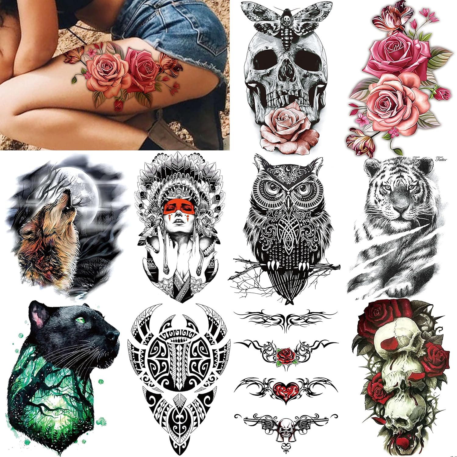 COKTAK 46 Sheets Large Skull Maori Warrior Temporary Tattoos For Men, Realistic Tiger Owl Flower Temporary Tattoos For Women, Tiny Kids Tattoos Temporary, Tribal Armband Arm Neck Face Tatoos Stickers : Beauty & Personal Care