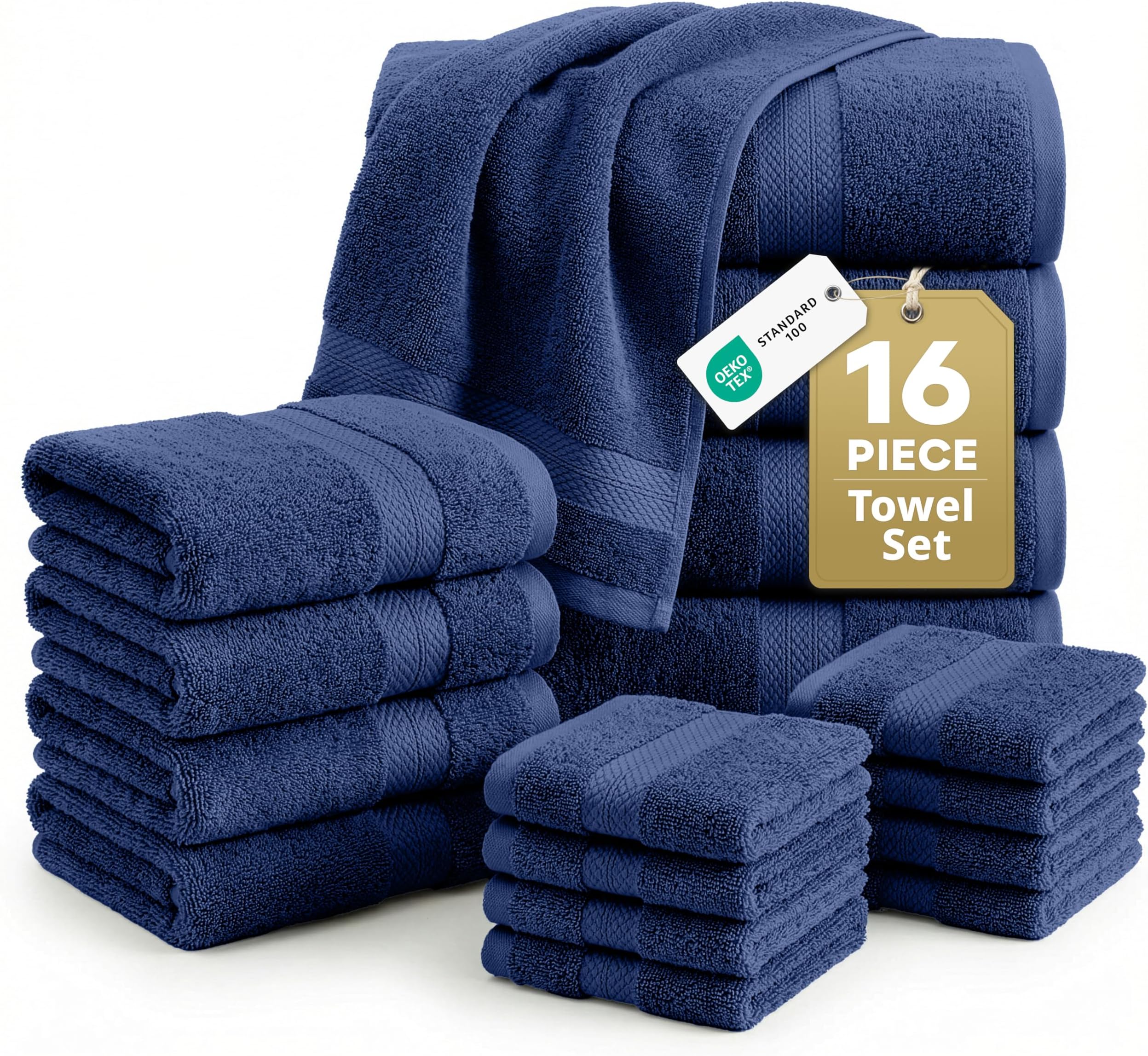 LANE LINEN Luxury Cotton Bath Towel Set - 16 Piece - Low Twist, Soft & High Absorbency - 4 Bath, 8 Wash cloths, 4 Hand Towels - Classic Hotel Quality, Durable & Ideal for Modern Bathrooms - Navy Blue