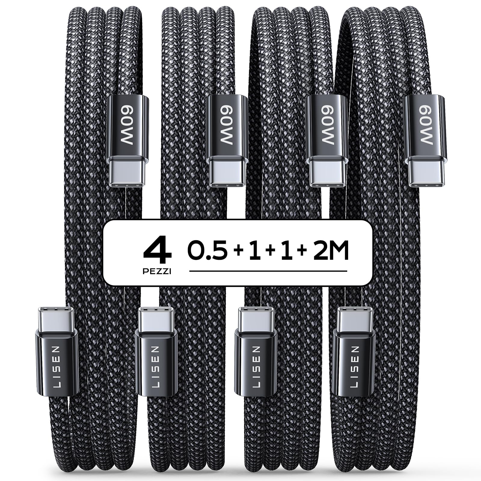 LISEN Cavo USB Type-C Ricarica Rapida, 60W Cavo USB C, 4 Pezzi [0.5m+1m+1m+2m] Cavo iPhone 16 15 USB C，Cavo USB C to USB C, Cavo Type C to Type C per Cavo iPhone/Samsung/HUAWEI/OPPO/Xiaomi