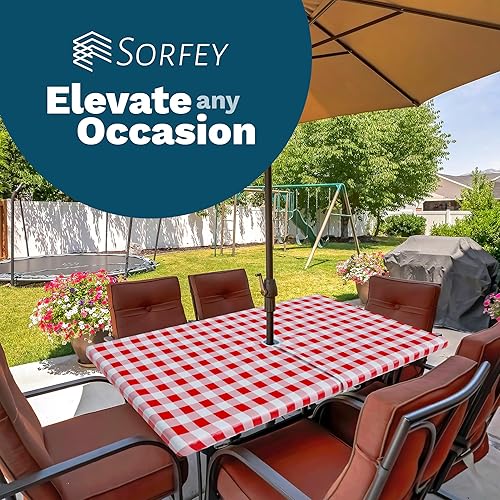 Miniatura 8 de Sorfey Mantel rectangular ajustable de vinilo para paraguas, diseño a cuadros, forro de franela 30 x 72 pulgadas, color rojo