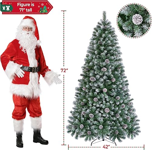 Miniatura 3 de Yaheetech Árbol de Navidad preiluminado de 6 pies, árbol de Navidad artificial flocado con 64 piñas de nieve, 920 puntas de ramas de PVC y 250 luces