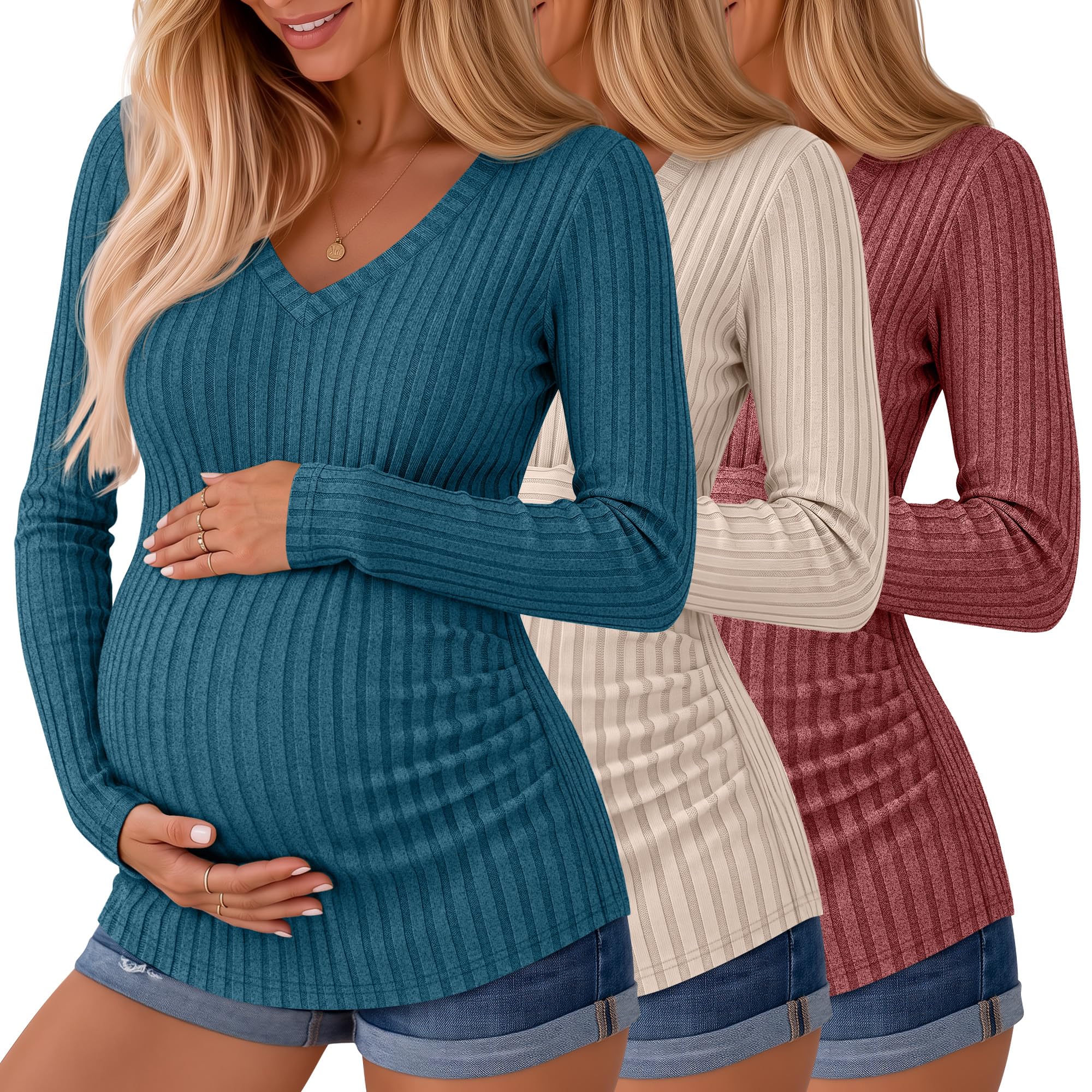 Ficerd 3 Pack Women Maternity Ribbed Long Sleeve Sweater Shirts