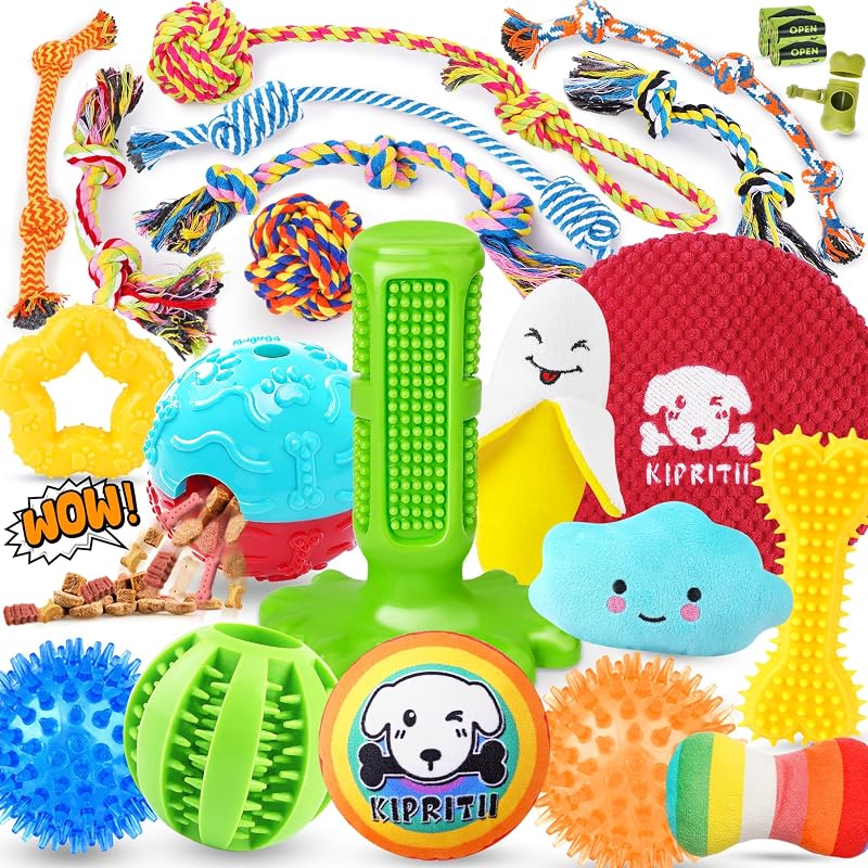 KIPRITII Juego de 25 juguetes para perros, ideal para dentición, entretenimiento y juegos interactivos, incluye juguetes para cachorros, juguetes de cuerda, pelotas de golosinas y juguetes para perros chirriantes