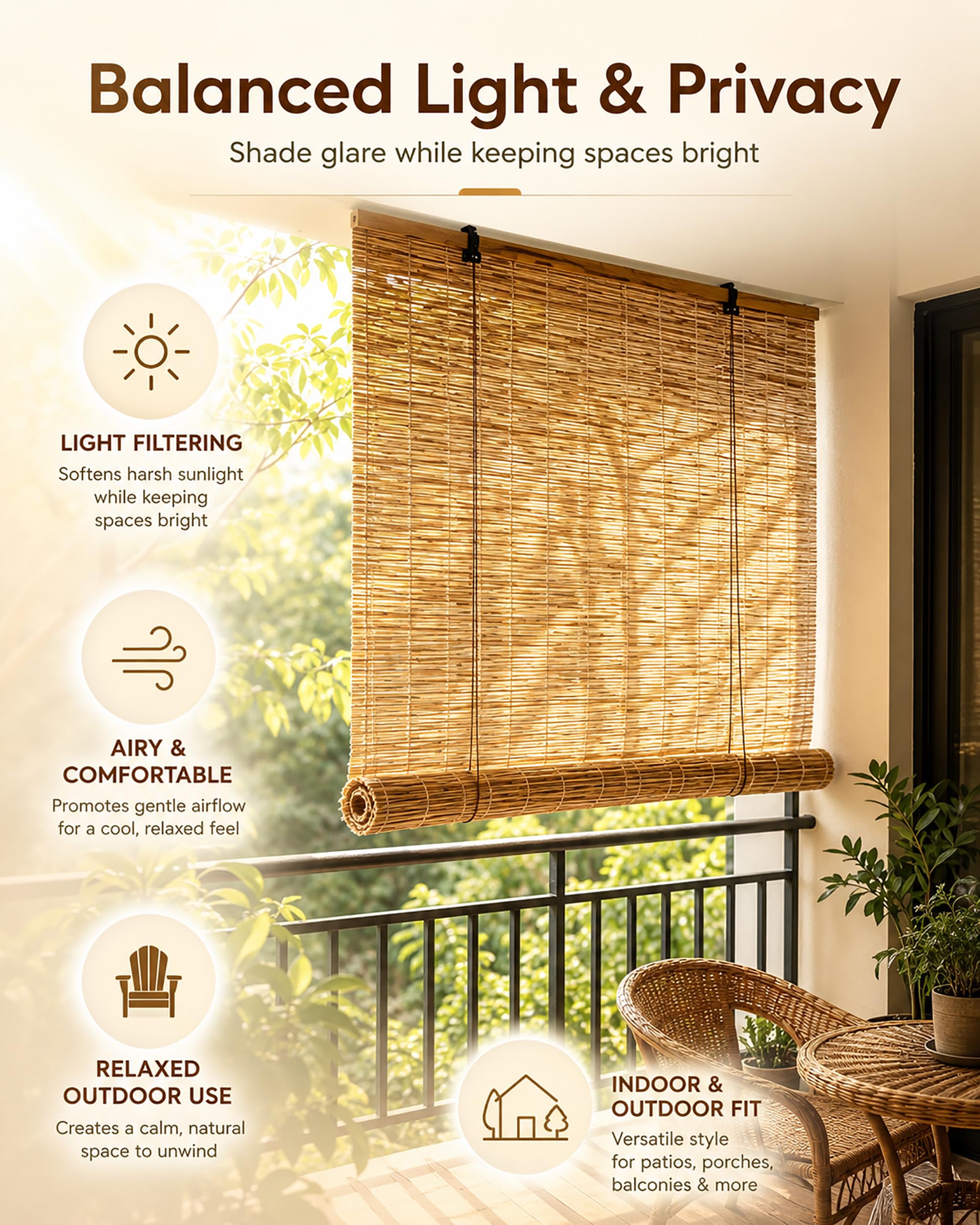 Tenda A Rullo in Bamboo Naturale Tende Avvolgibili Traspirante/Privacy, Larghezza 100 120 130 150 160 180 200Cm Tenda A Pacchetto per Finestra/Porta,180 * 300cm/71 * 118"