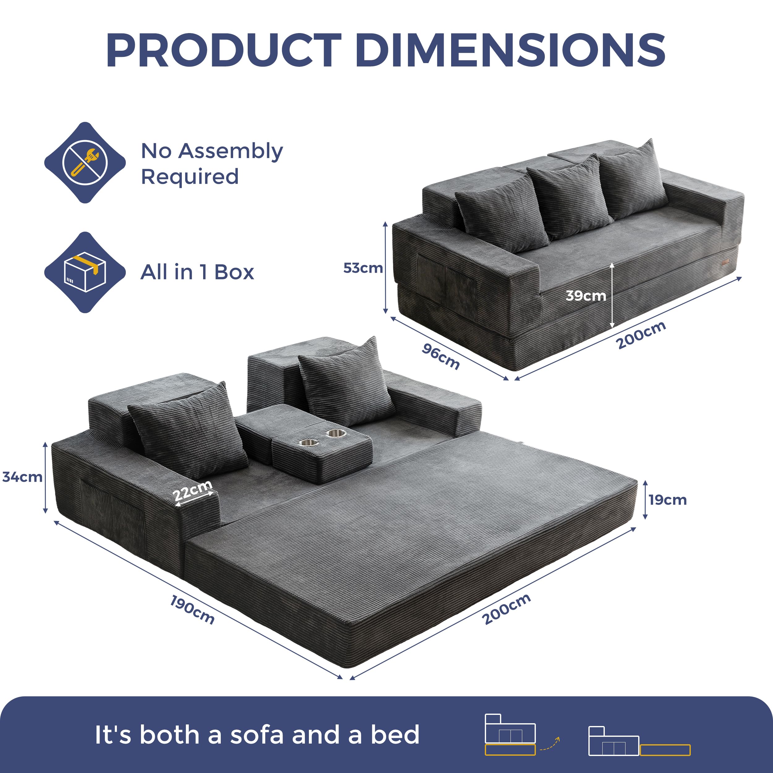 MAXYOYO Klappbares Schlafsofa, Cord-Bodensofa mit Getränkehalter | Ausziehbares Schlafsofa mit Getränkehalter und Kissen, bequemes Kompressionssofa für Wohnzimmer, Schlafzimmer, Gästezimmer