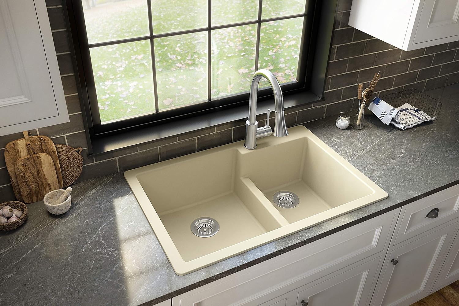 Karran QT-811 33" Top Mount Large/Small Bowl Quartz Kitchen Sink in Bisque
