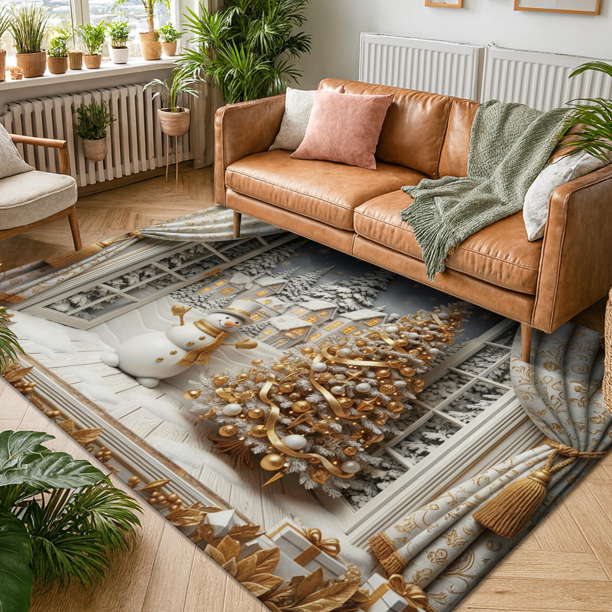 Schneemann-Teppich, Weihnachts-, Winter-, Weihnachtsbaum-Vorhänge, goldfarben, niedriger Flor, Schwamm, rechteckiger Druck, Teppich für Wohnzimmer, Schlafzimmer, Küche, Flur, Dekoration, 1,5 x 2,1 m