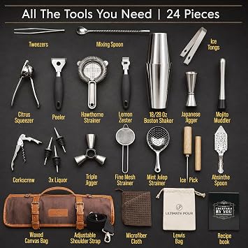 Professional Bartender Kit Travel Bag with Cocktail Shaker Set | Portable Bartending Mixology Bar Set with 18/28 oz Boston Shaker | Pro Bar Tools Perfect for Home, Parties, Beach, BBQ and Gigs- 24 Pcs