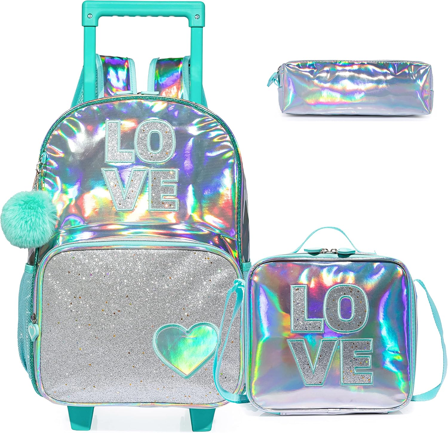 Egchescebo Kids Love Rolling Roller Backpack for Girls 3Pcs Girl Childrens Suitcases Luggage Lunch Box with Wheels School Bags 16" Kids Wheeled Backpack Green Trolley School Bag