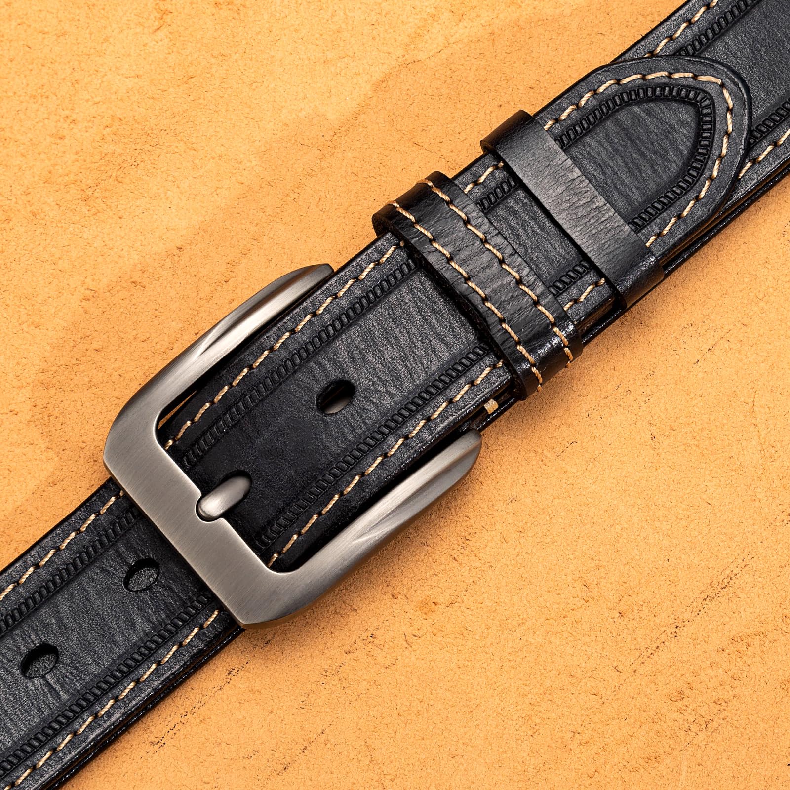 Ceintures pour homme en cuir pleine fleur véritable italien véritable ceinture de cowboy occidental 3,8 cm de large, ceinture décontractée pour jean, boîte cadeau