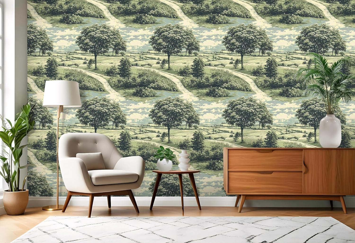 Vintage Countryside Landscape Peel and Stick Wallpaper, Pastoral Tree and Meadow Scenic Wallpaper for Home Decor – Classic European Style, 17.7" x 118"