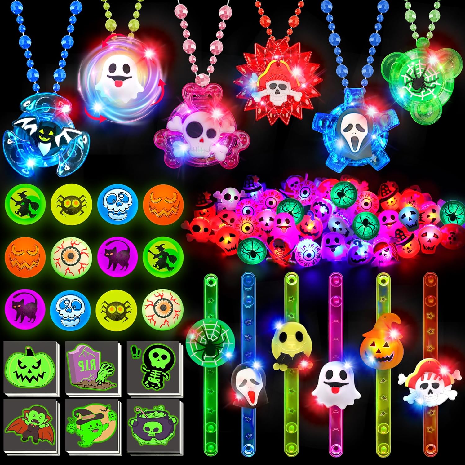 100 PCS Halloween Party Favors for Kids, Halloween Party Supplies Glow in The Dark Toys Bulk Light Up Rotating Necklaces Bracelet LED Rings Halloween Treats for Goodie Bag Fillers Trick or Treat Toy Style 1