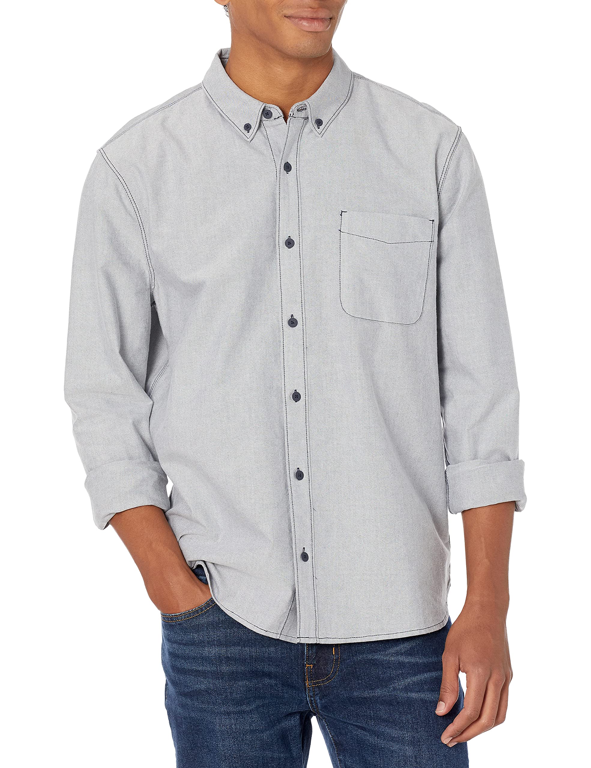 PAIGE Men's Langford Stretch Oxford Button-Down Shirt – Blue Grey, Collar Stays, Comfort Fit