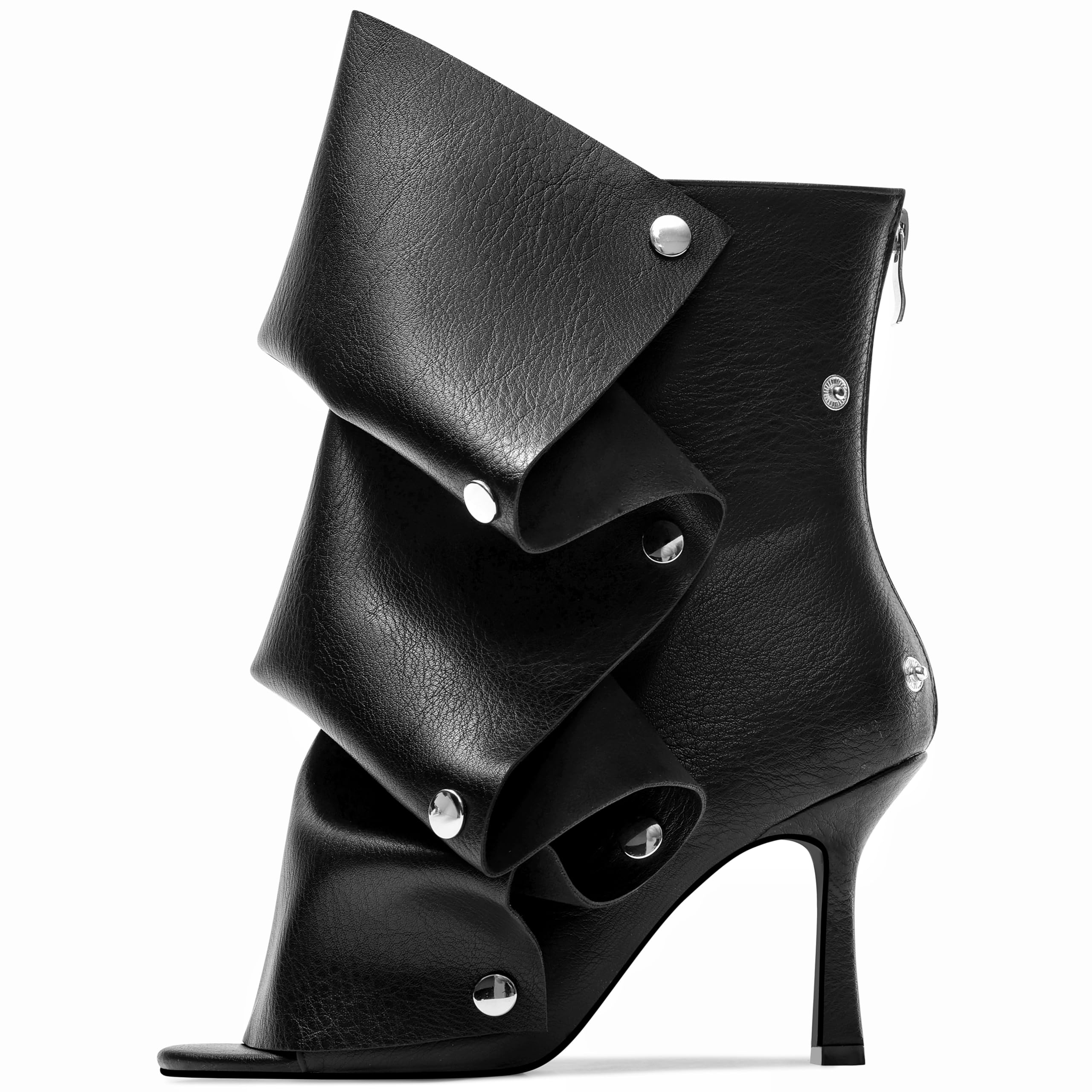 YXAXUG 3.1IN Peep Toe Slouch Boots Women's Fold Over Stiletto High Heels Faux Leather Back Zipper Ankle Boots with Detachable Snap-Off Panel for Party