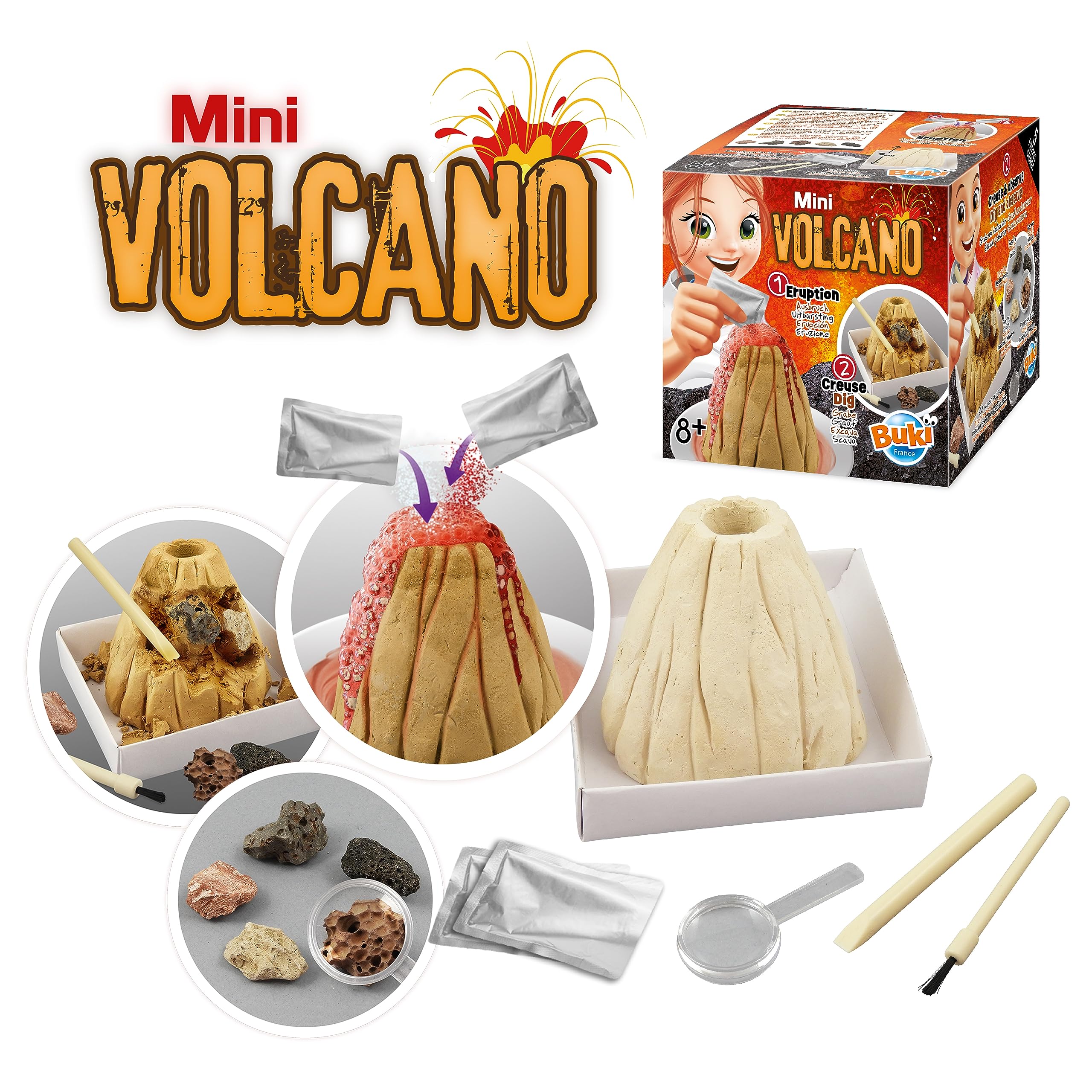 Buki France Mini Volcano + Dig Kit. 2in1. Make your own Erupting Volcano PLUS Dig up Volcanic Stones with the Dig Kit with Digging Tools. Kids STEM Toy Chemistry Set. Science Gift for Boys & Girls 8+ - Image 4