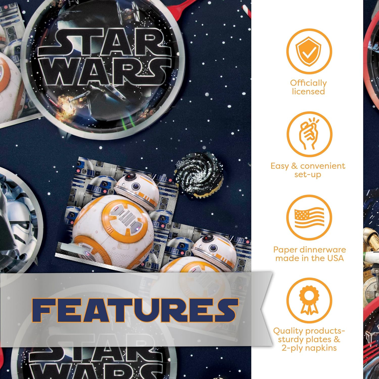 Star Wars Birthday Decorations Set | With 16 Plates, 16 Napkins, 16 Masks, Banner, Tablecover, Birthday Sticker | Officially Licensed