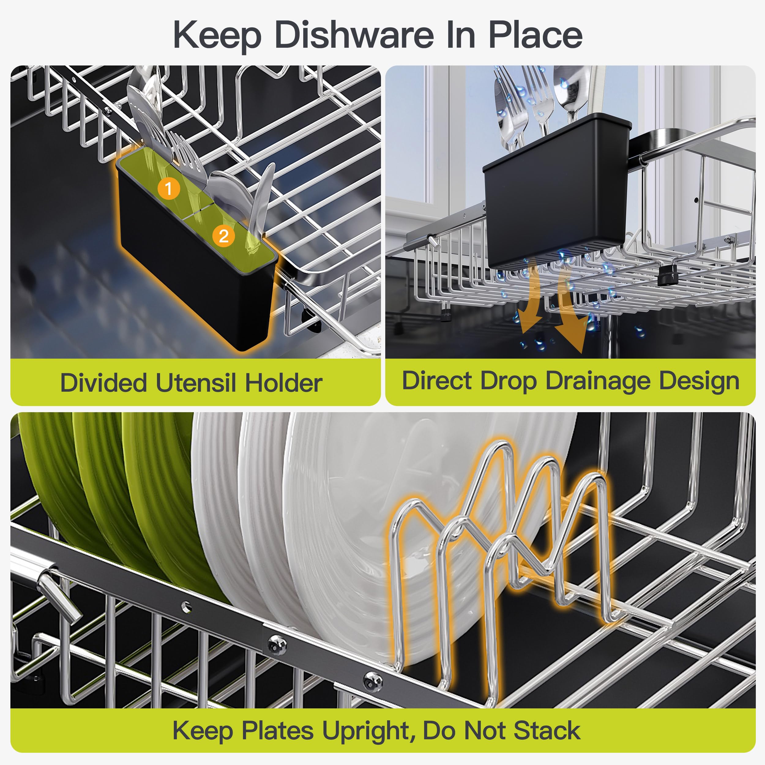 JASIWAY Escurridor de platos extensible de acero inoxidable sobre el fregadero para cocina pequeña, ahorro de espacio, escurridor de platos compacto, soporte de metal ajustable para colgar platos con