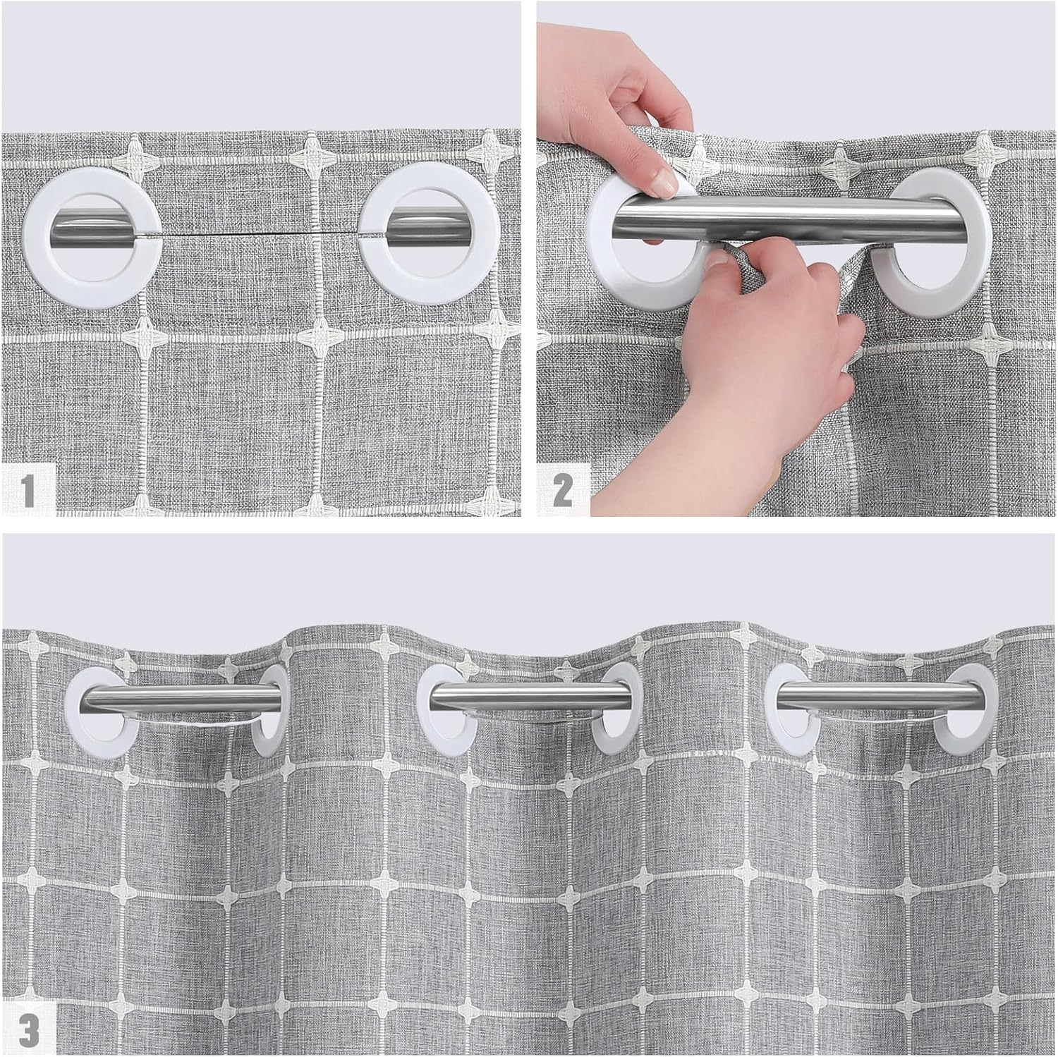 MitoVilla No Hooks Needed Boho Farmhouse Shower Curtain with Snap-in Liner, Cotton Linen Fabric Shower Curtains with Tassels for Rustic Neutral Bathroom Decor, Grey, 72 x 74