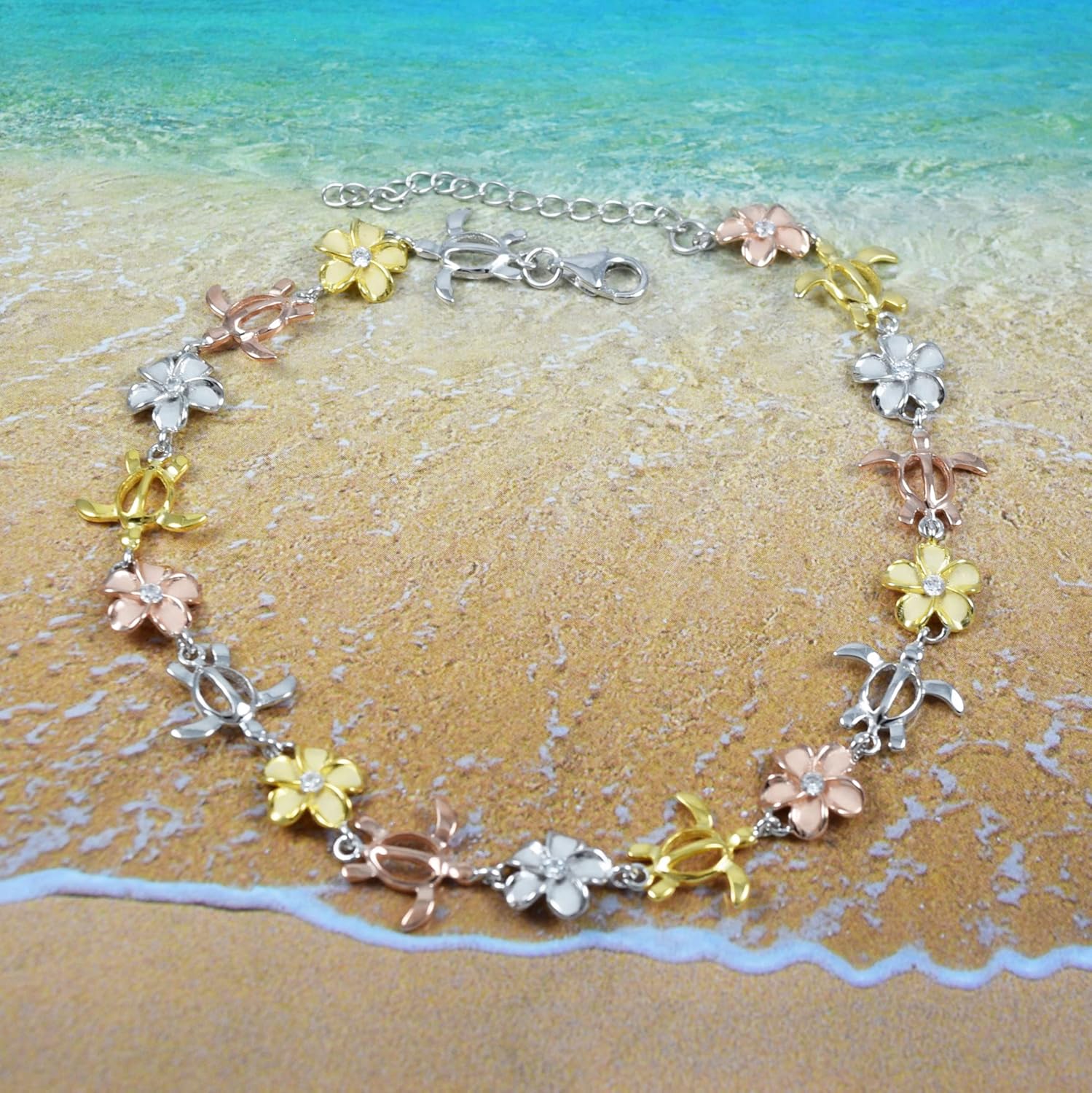 Unique Hawaiian 3-Tone Sea Turtle Plumeria Ankle Bracelet, Sterling Silver Tri-color Turtle Plumeria CZ Anklet, A3317