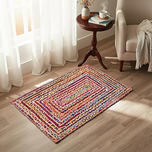 Miniatura 5 de Ramanta Home Alfombra trenzada Chindi de algodón de yute de 2 x 3 pies, multicolor, reversible, para sala de estar, alfombra de trapo de algodón de