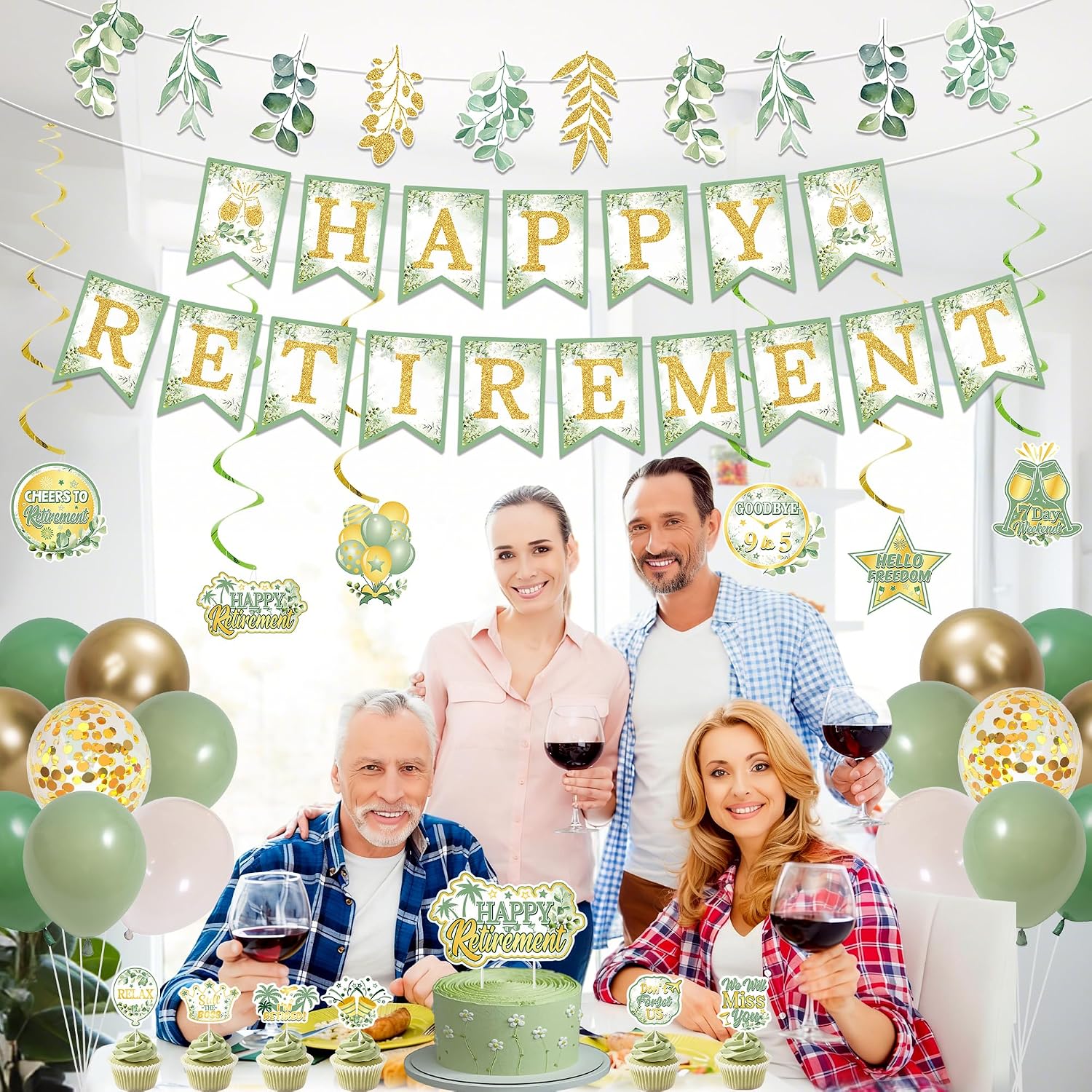 Holkcog Retirement Party Decorations, Green Gold Happy Retired Banner image 3