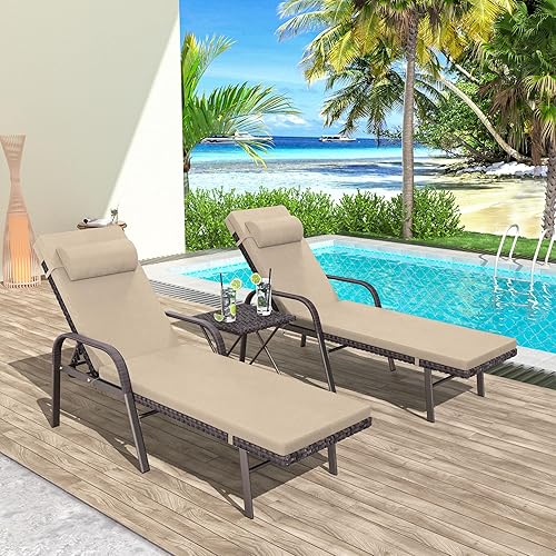 Patio Chaise Lounge Set 3 Pieces Pool Lounge Chairs,Cushioned Outdoor