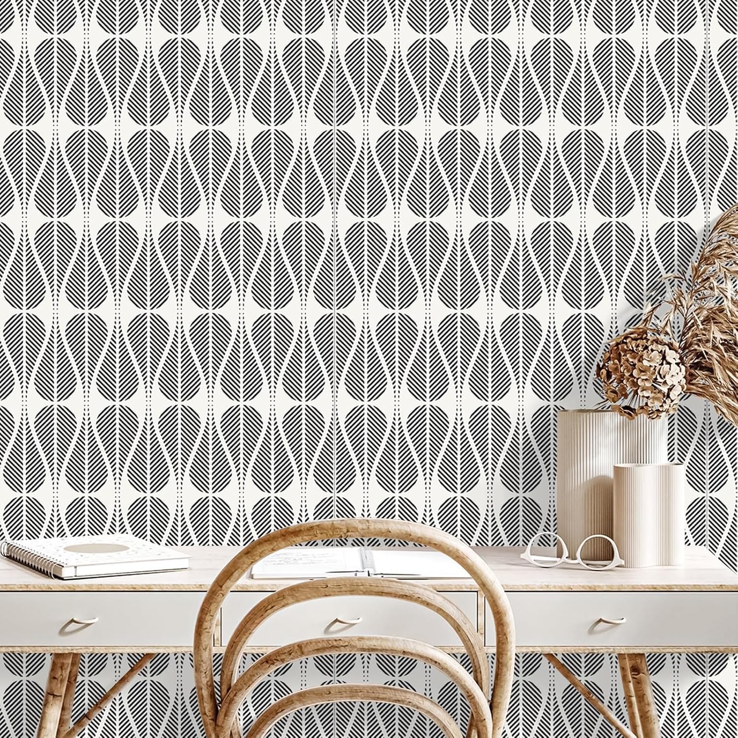 VEELIKE Black and White Geometric Wallpaper Peel and Stick Abstract Geometric Art Wall Decor Boho Wallpaper for Bedroom Bathroom Removable 17.7''x354'' Adhesive Contact Paper for Walls Living Room