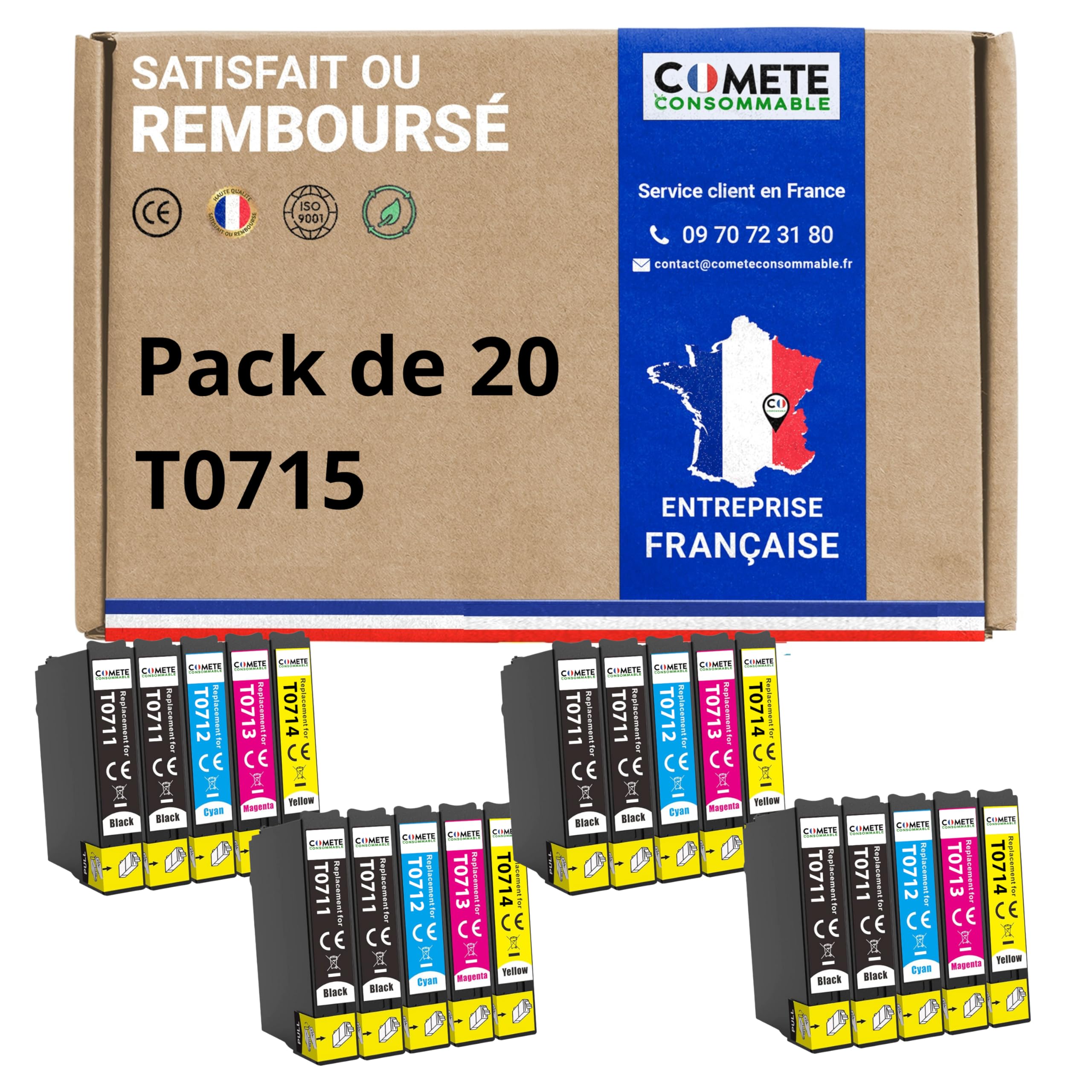 COMETE - T0715 - Pack 20 Cartucce d'Inchiostro Compatibili per Epson T0715 Ghepardo (T0711 + T0712 + T0713 T0714) - per Epson T0715 Stylus (8 Nero 4 Ciano 4 Magenta 4 Giallo)